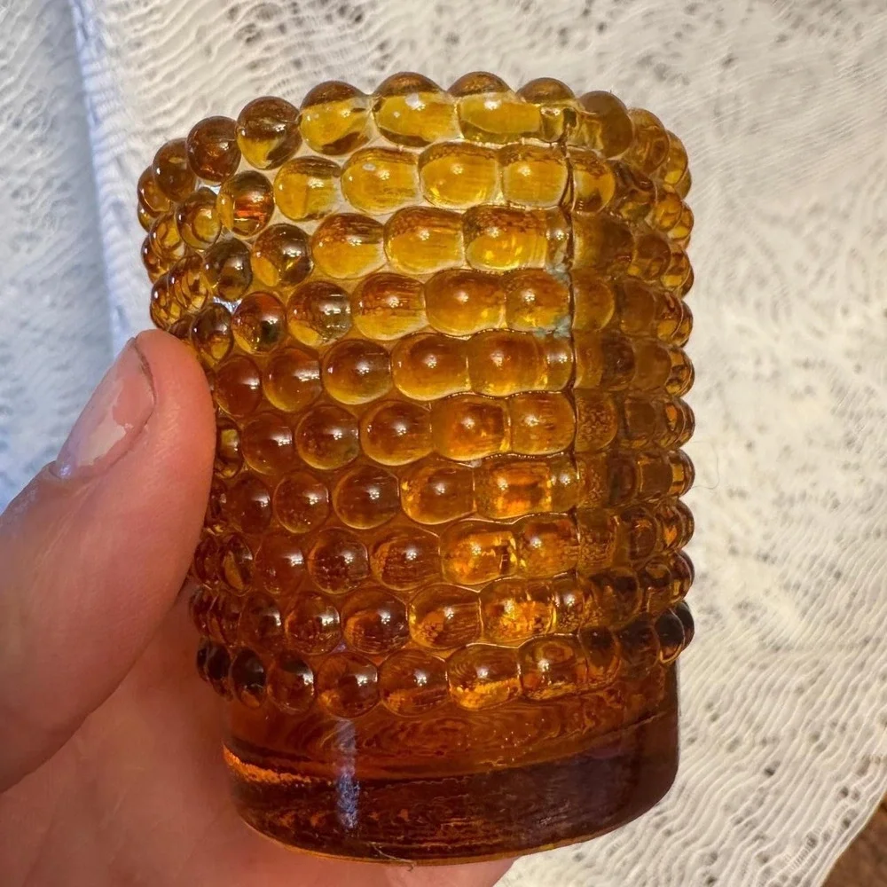 Vintage Amber Hobnail Glass Votive Candle Holder‎ Retro Honey Gold 2.5x2.25